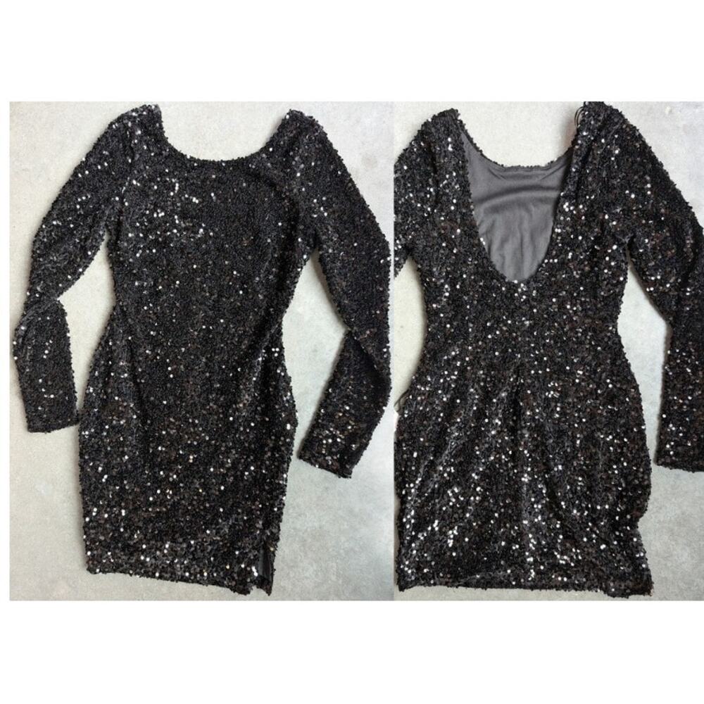Crystal Sky Sequin Open Back Dress Size M Long Sleeve Glam Mini Party NEW W TAGS